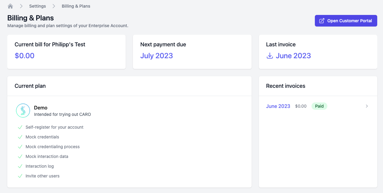 CARO Trading Partner Account Settings